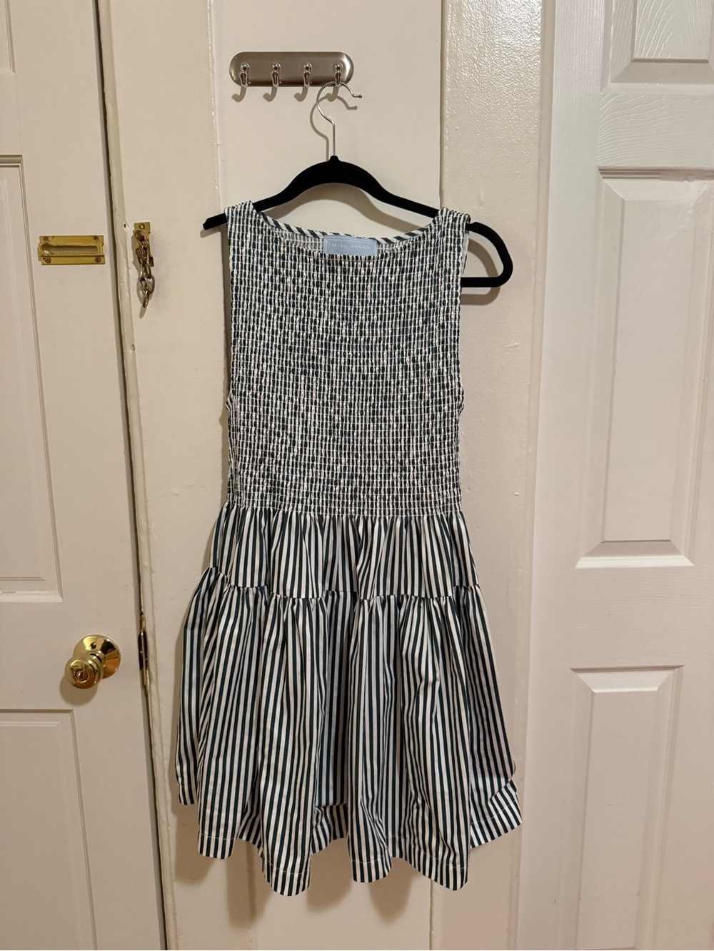 Hill House Green and White Striped Smocked Mini Dress Size S - Picture 4 of 6